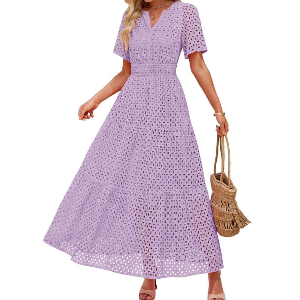 Lavender A Line Long Dress with V-Neck